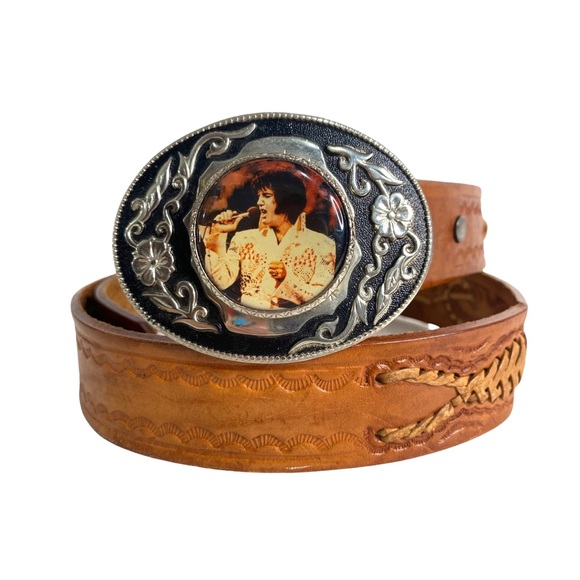 Vintage Other - Vintage Elvis Metal Encased Glass Portrait Buckle & Tooled Leather Stitched Belt